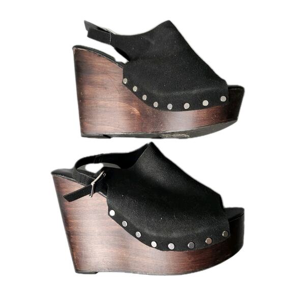 Torrid Black Platform Wood Wedges Studded Peep Toe Back Strap Size 7W - Picture 1 of 8